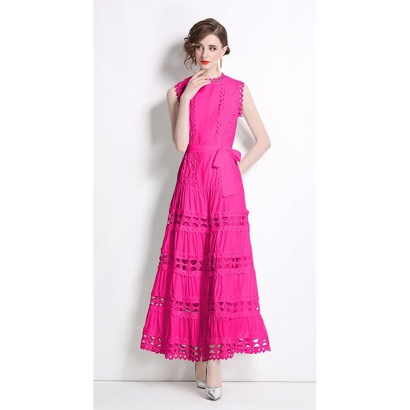 Women Sleeveless Maxi Dress Polyester Hollow Out A-Line Formal Evening - Picture 3 of 5